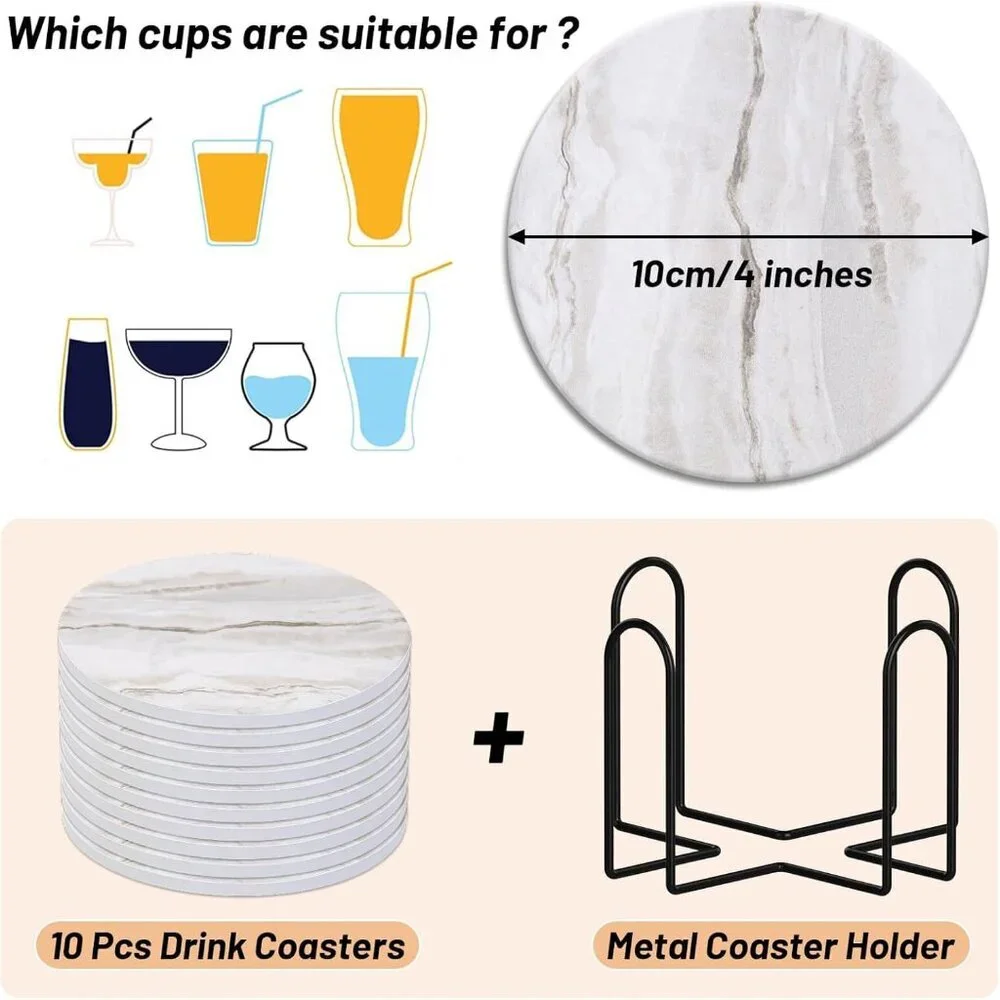 Coasters Set of 10, Absorbent Drink Coasters with Holder, Marble Style Ceramic C